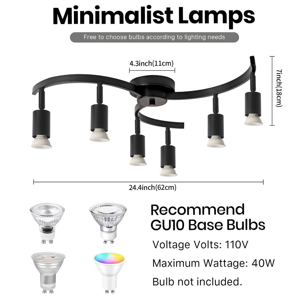 6 Light Track Lighting Fixtures Ceiling, Flexibly Rotatable Light Heads, Black Semi Flush Mount Ceiling Light Dining