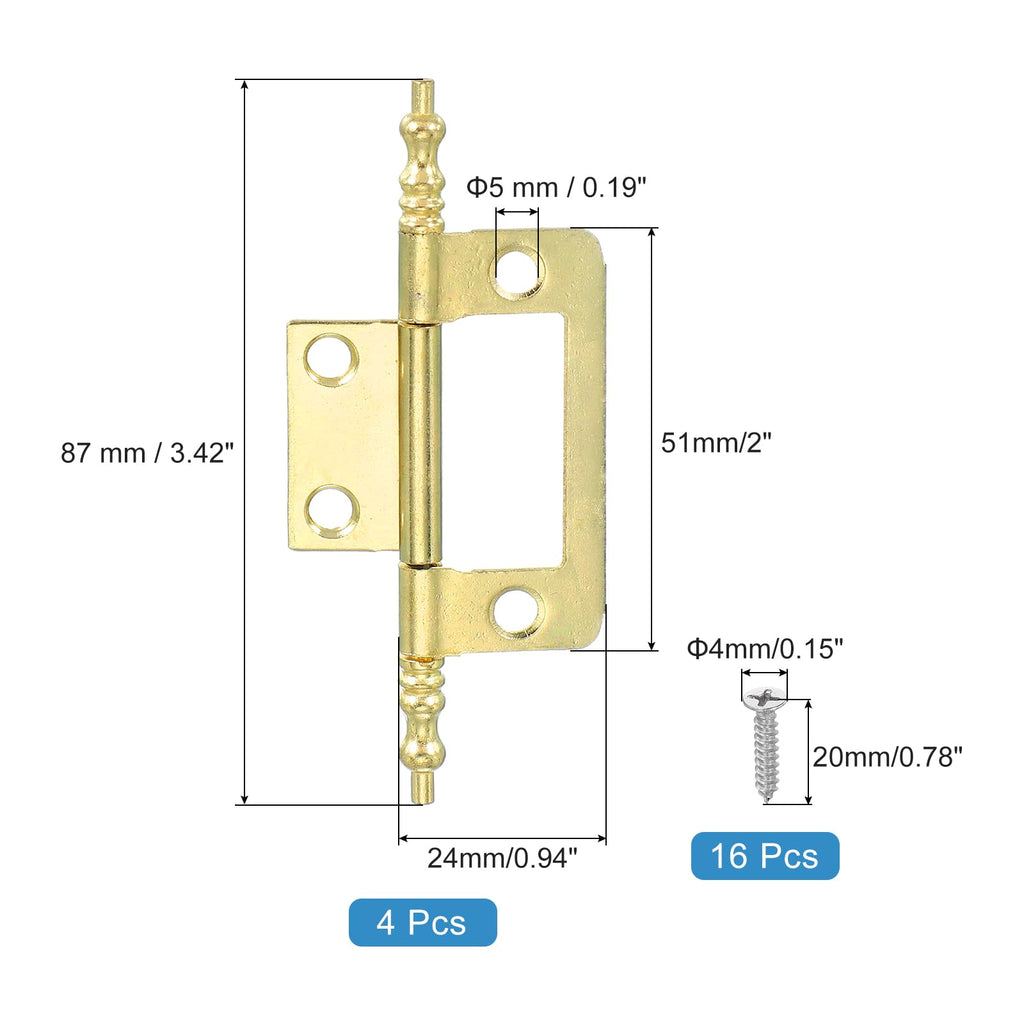 Non-Mortise Door Hinges, 2" x 1" Heavy Duty Steel Flush Cabinet Hinges, Gold, Classic, Pack of 4