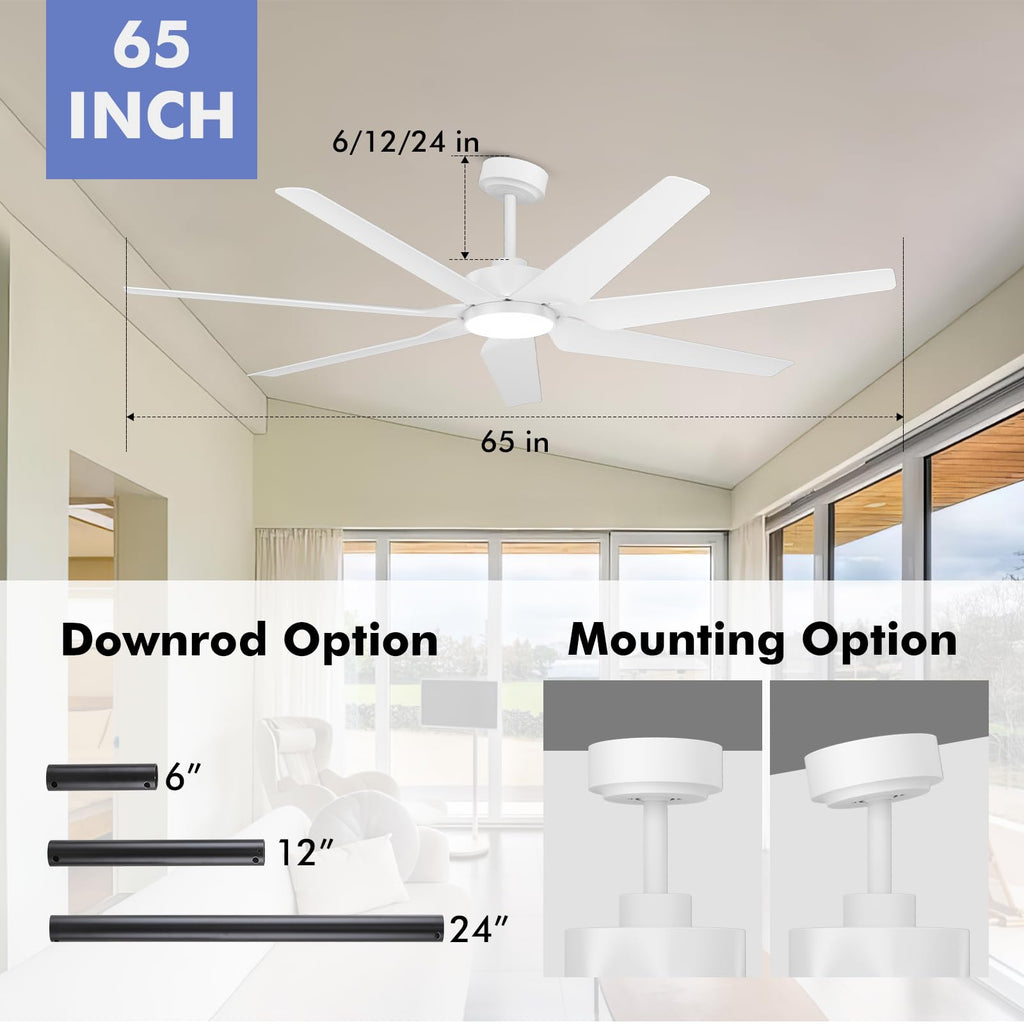 65 inch White Smart Ceiling Fan with Light, 7 Propeller Blades, High CFM