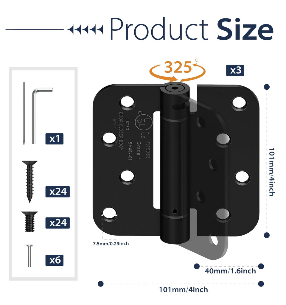 3-Pack 4 Inch Self Closing Door Hinges, 5/8" Radius Corners, Black