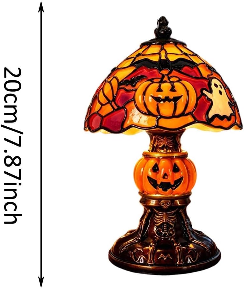 Halloween Handcrafted Ghost Stained Glass Night Light - Gothic Resin Bat & Pumpkin Glow Lamp, Retro Decorative Table