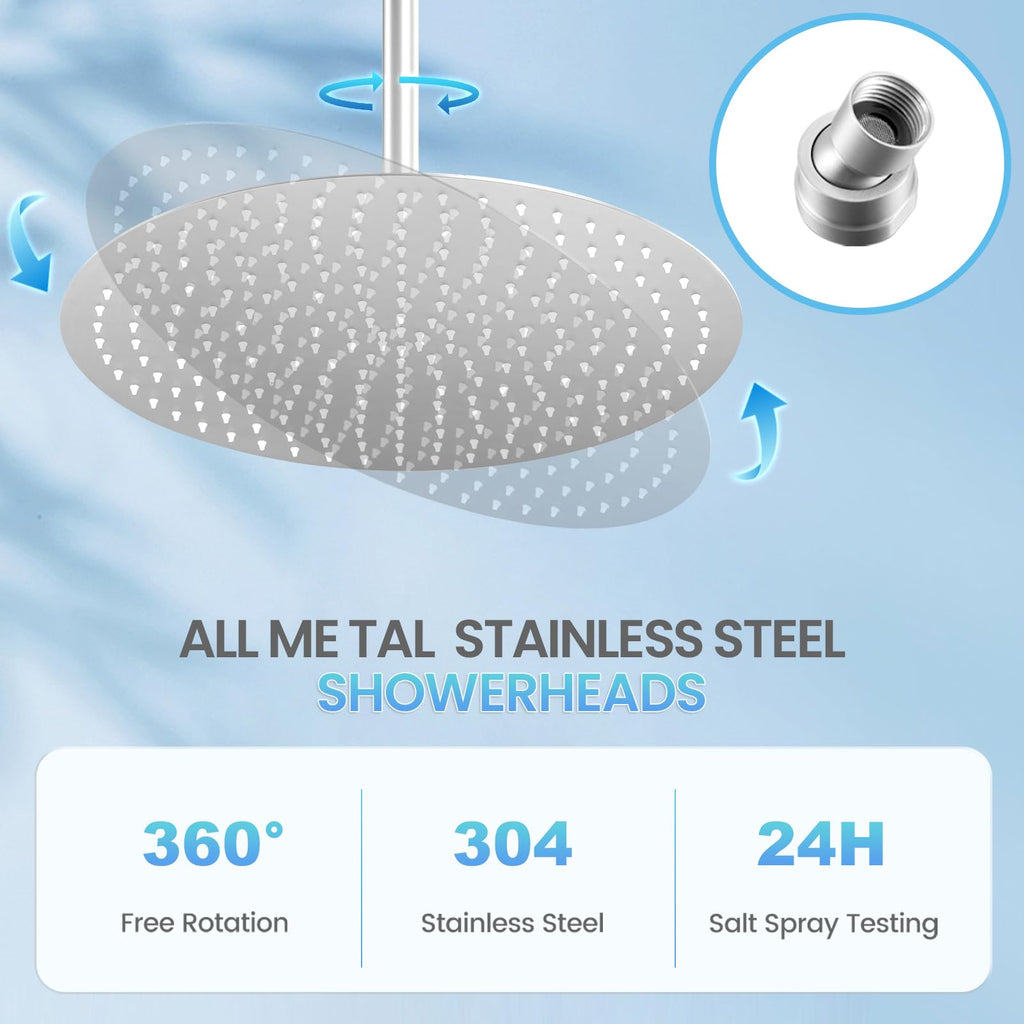 16 inch Ceiling Round Rain Shower Head Brushed Nickel - All Metal Stainless Steel 304, Full Body Round Rainfall