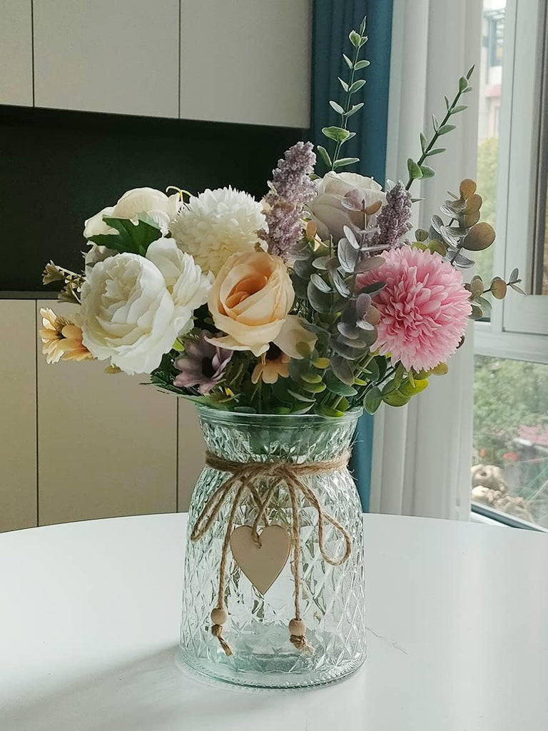 Fake Flowers with Vase, Faux Peony Silk Flowers Decor,Fake Flowers with Vase for Coffee Table Decor,Living Room