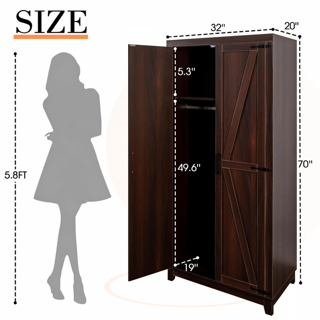 70" Tall Wooden Wardrobe Closet with Doors, Espresso
