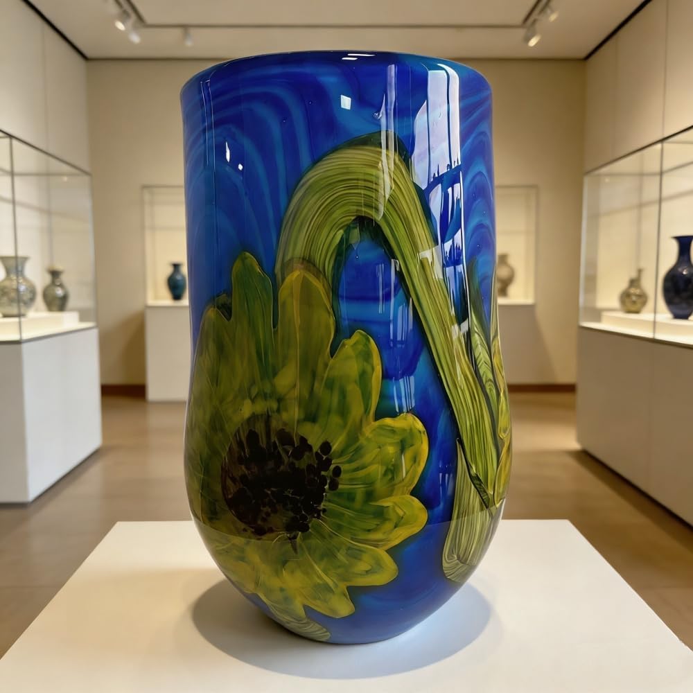 Hand Blown Art Glass Sunflower Vase - 13.78" Tall Mouth-Blown Artistic Sculpture with Vibrant Colors & Accents - Rich