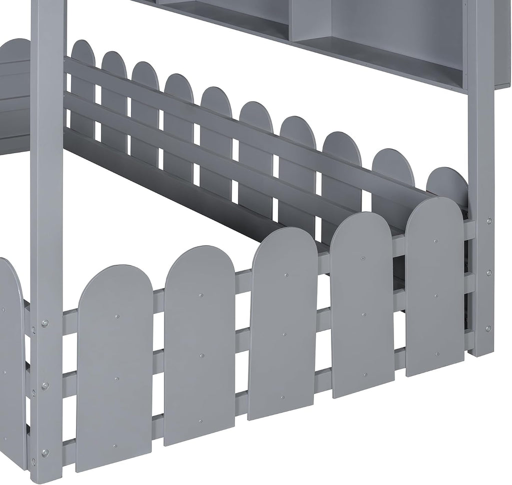 Montessori House Bed for Kids, Floor Bed with Fence Railings, Tent, Lights & 3 Storage Shelves, Slats are not