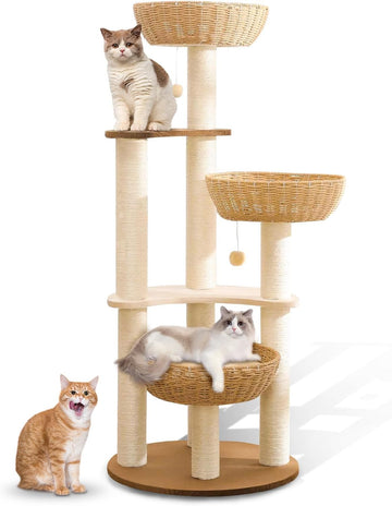 52" Modern Cat Tree Tower for Large Cats, 3Cat Nests Manual Hand Woven Multilevel Huge Paws Pals Cat Tree, Wood Cat
