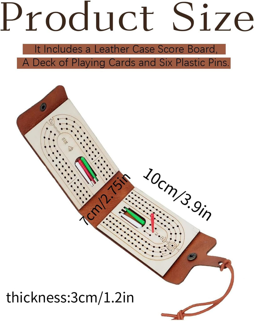 Travel Cribbage Board Game Set, with 6 Pags and 1 Playing Cards,Leather-Wood 3-Track Cribbage Board with Cards & Pegs