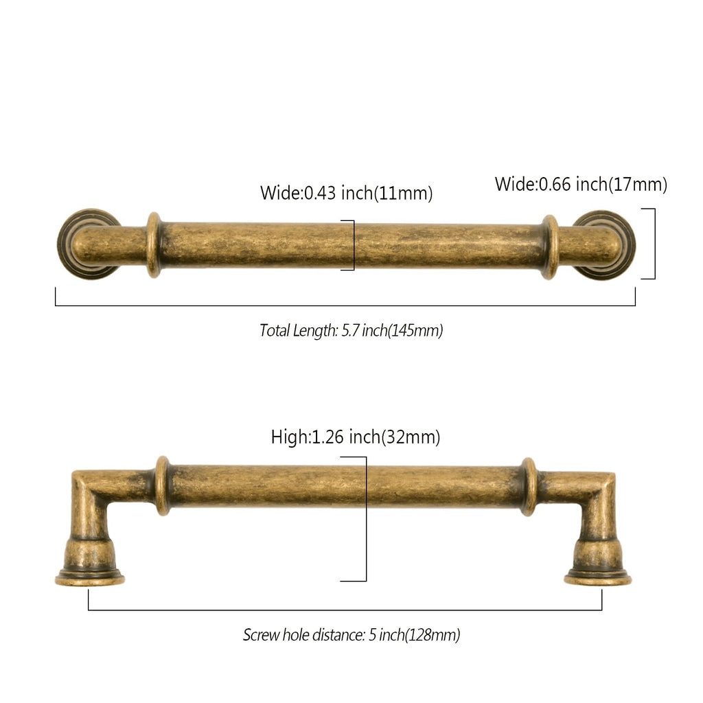 2 Pack 5 Inch(128mm) Brushed Antique Brass Cabinet Pulls Heavy-Duty Solid Kitchen Cabinet Handles Vintage Aged Brass