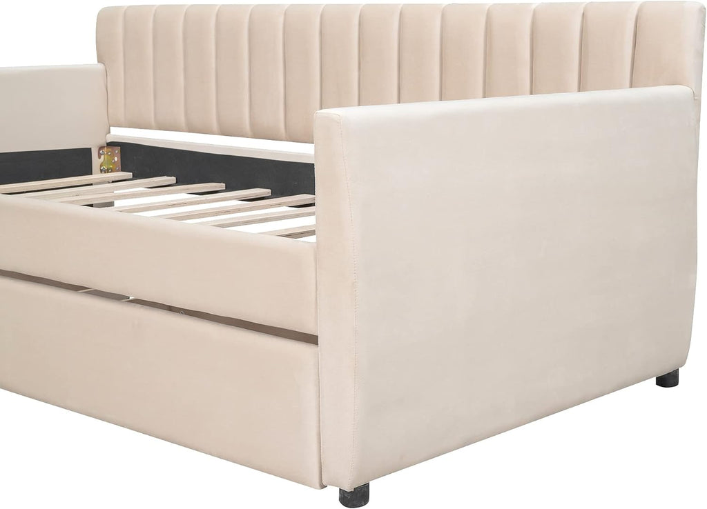 Upholstered Daybed with 2 Drawers, Twin Size Bed Frame with Storage and Wood Slat Support, Beige