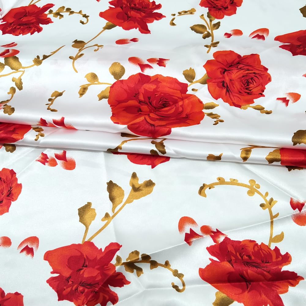 Rose Flowers Print Satin Fabric Polyester Lining Dress Sewing Material