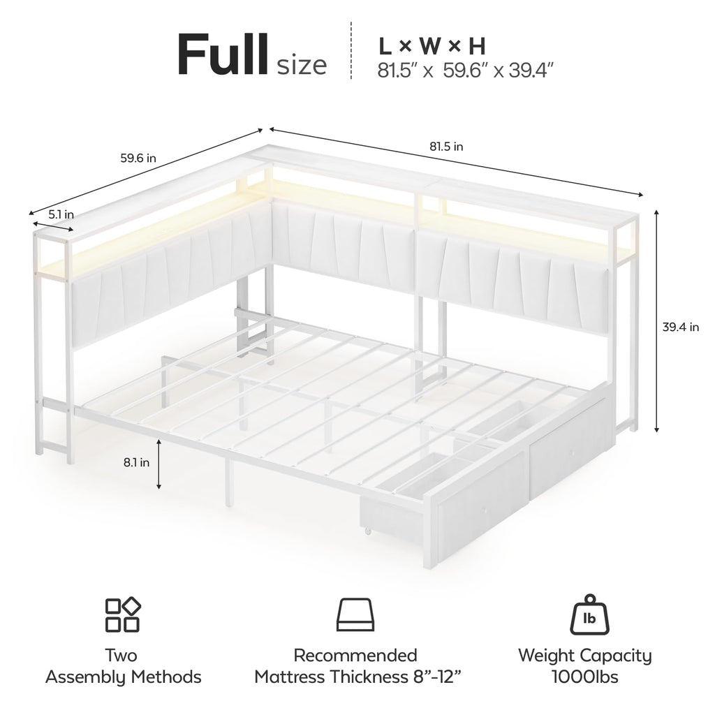 Full Corner Bed Frame with Storage Drawers, Modern Daybed with LED Lights and Charging Station, Metal Platform Bed