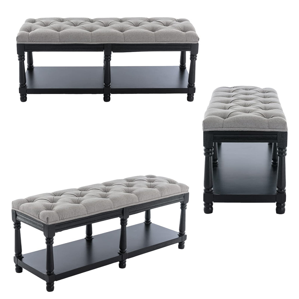 Mid-Century Tufted Storage Bench with Shelf, Linen Upholstered Farmhouse Entryway Shoe Bench Ottoman Bed End Stool