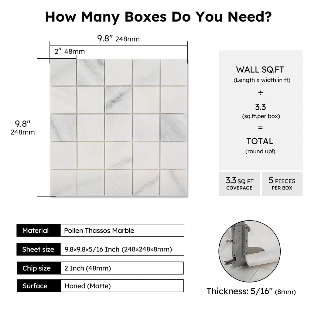 Natural Marble Mosaic Tile, 2x2 Inch Square, Honed, Pollen Thassos Marble Backsplash Tiles Bathroom Wall Floor, Pack