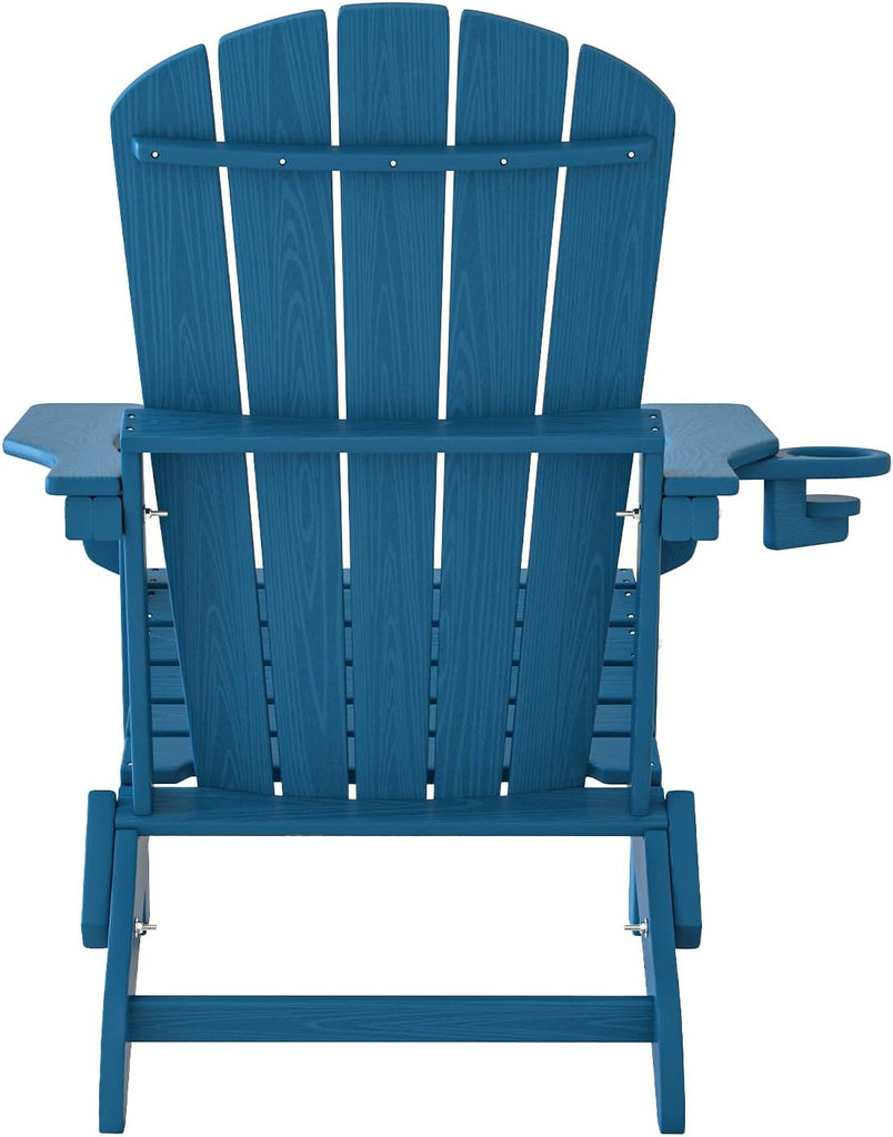 HDPE Folding Adirondack Chair Set of 2 with Cup Holder, Navy | SGS Tested, Wooden Textured, Heavy All-Weather HDPE