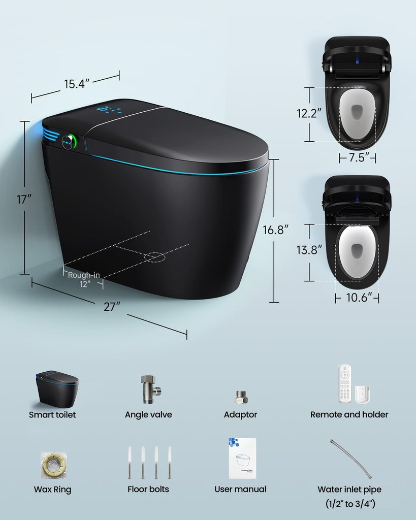 Black Smart Toilet with Bidet Built In, Auto Open/Close Lid, Heated Seat, Warm Wash & Dryer, Night Light