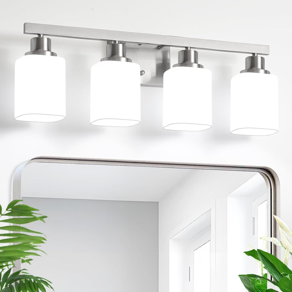 4-Light Bathroom Vanity Light,Brushed Nickel Vanity Lights with Square Frosted Glass,Modern Bathroom Wall Lights