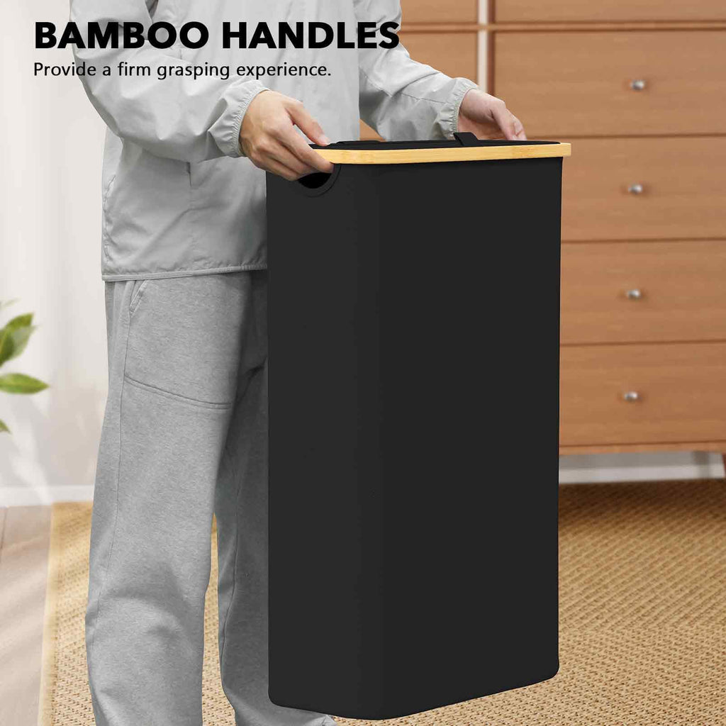Slim Laundry Hamper with Lid, 65L Narrow Clothes Basket Bin with Bamboo Handles, Skinny Tall Collapsible Hamper