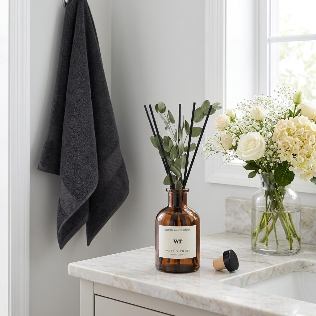 Flower Reed Diffuser Set Eucalyptus & Lavender Scent for Room Bathroom Accessories Shelf Decor & Air Fresheners