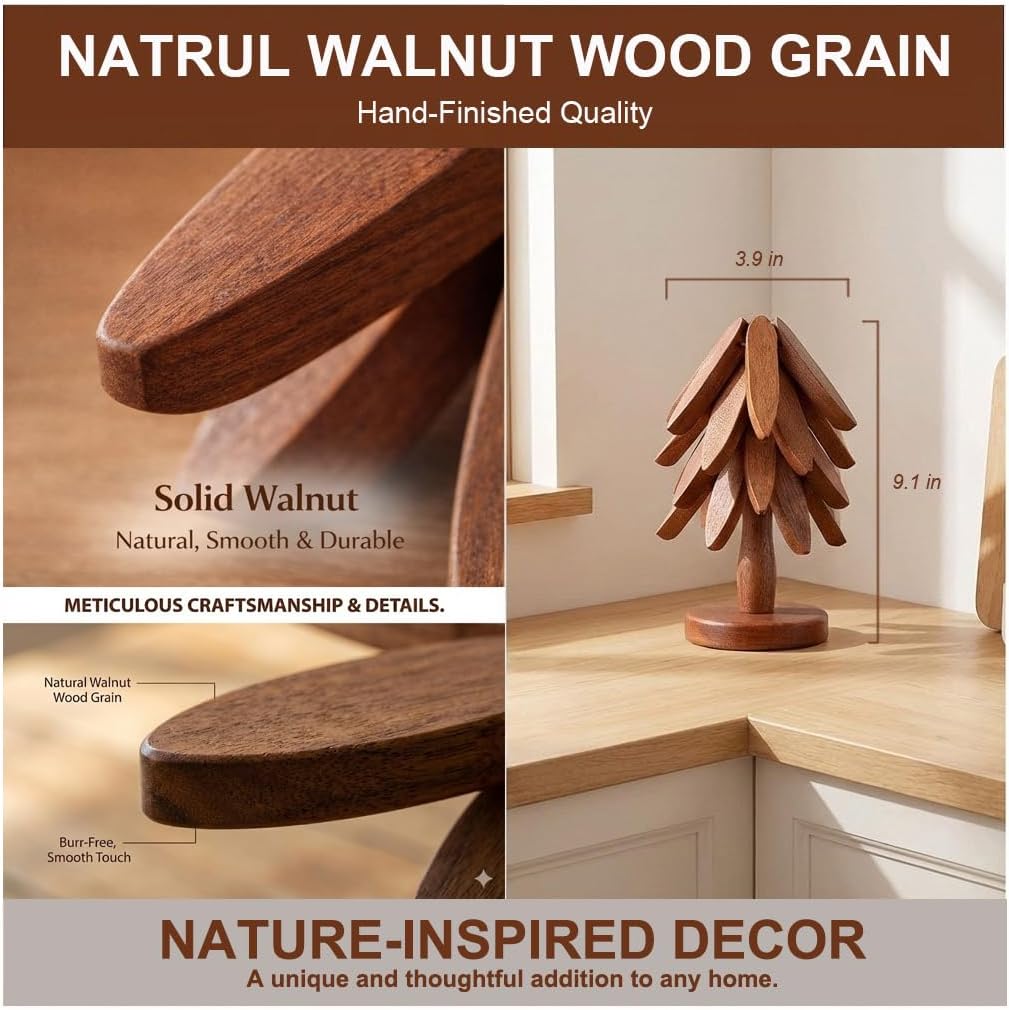 Wooden Trivets for Hot Dishes, Foldable Tree Trivet Set with Stand, 4-Layer Walnut Wood Trivet for Pots, Pans, Coffee - Set of 4