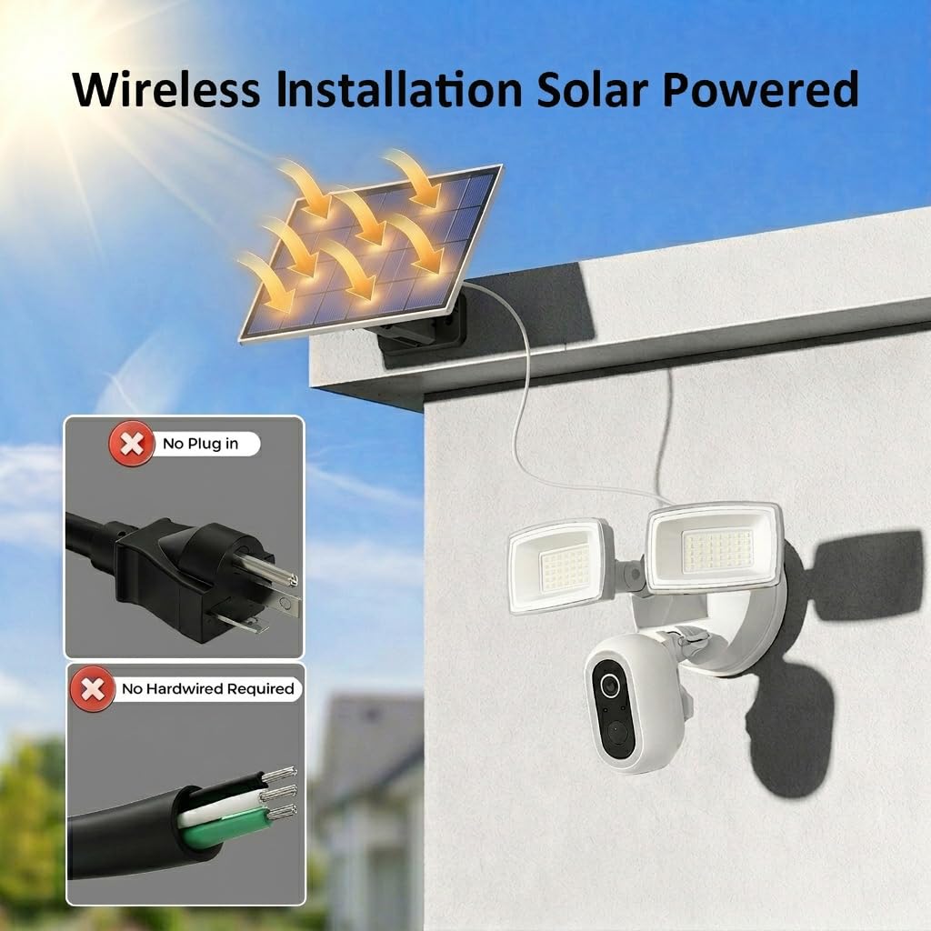 Solar Flood Light Camera, 2K Wireless Outdoor Floodlight Security Cam, Motion Detection, Color Night Vision, 2.4GHz