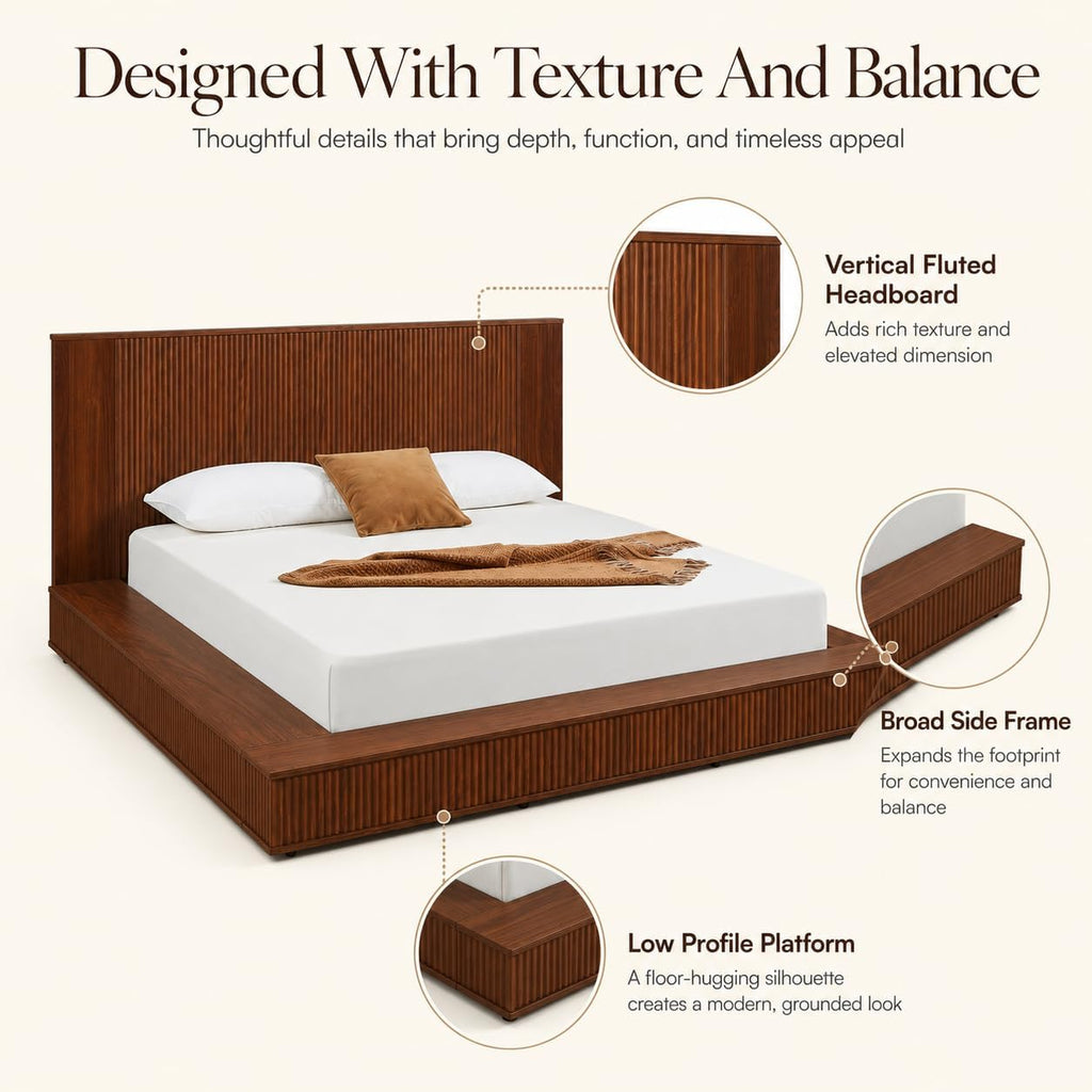 Low Profile Platform Bed Frame with Vertical Fluted Headboard