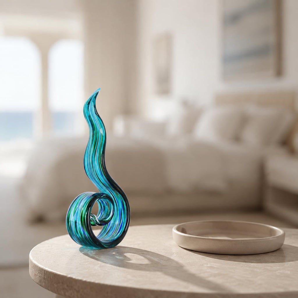 Glass Sculptures Home Decor, Hand Blown Art Glass Statue, Abstract Wave Flame Figurine Shelf Tabletop Entryway