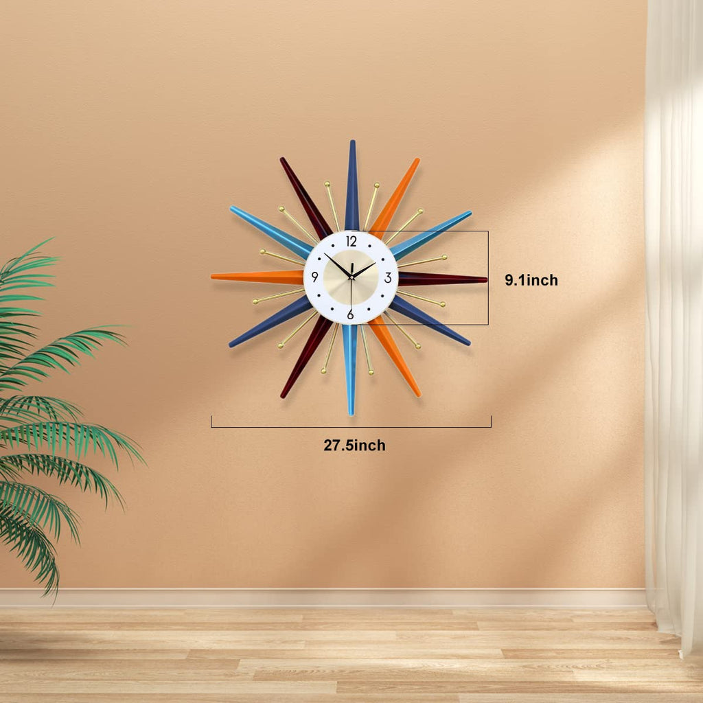 Large Wall Clock 27.5 Inch Mid Century Wall Clocks Starburst Clock Non Ticking Battery Operated 3D Wall Clocks Home