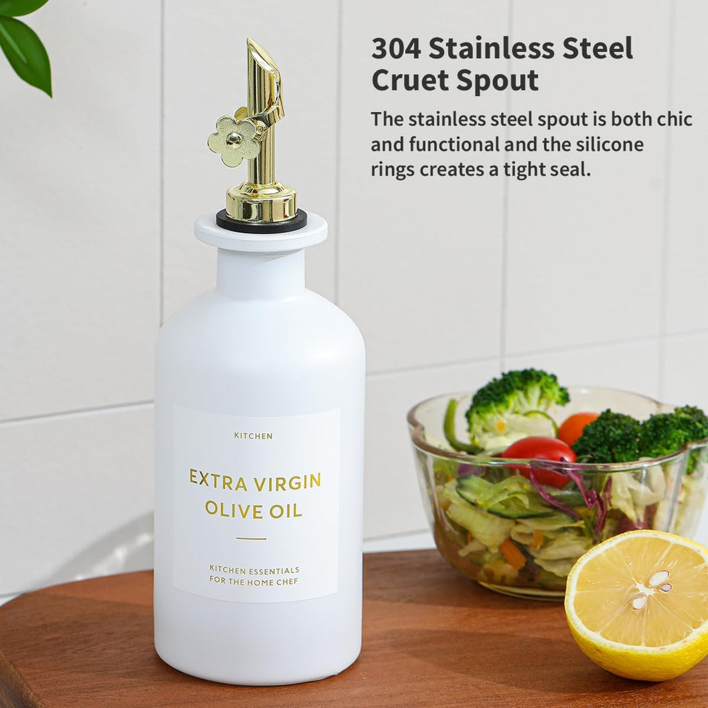 Olive Oil Dispenser, 12oz Glass kitchen Dispenser Bottle, Gold Oil&Vinegar Cruet Set, Leakproof Oil Containers - Set of 2