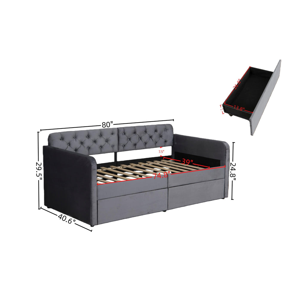 Twin Daybed with Storage Drawers, Velvet Upholstered Daybed Frame with USB Port, Button Tufted Backrest, Twin Size