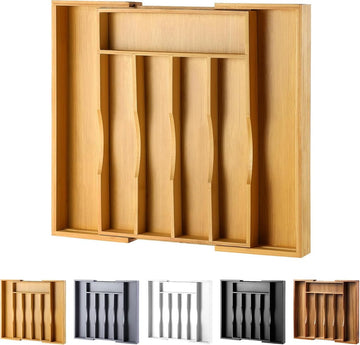 Expandable Bamboo Kitchen Drawer Organizer for Cutlery and Utensils, Adjustable Bamboo Wood Cutlery Tray in Drawer