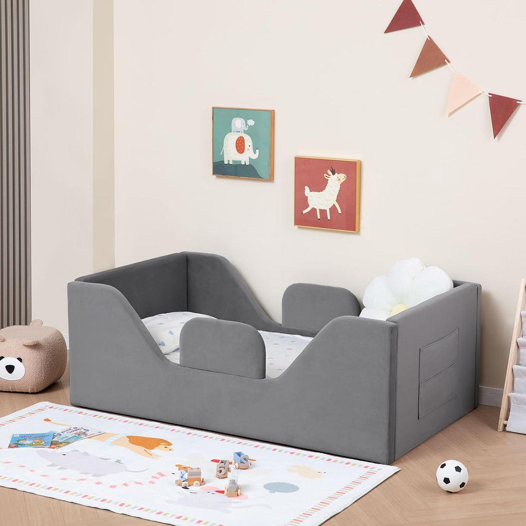 Toddler Floor Bed with Removable Safety Rails and Storage Bag, Kids Bed for Girl and Boys, Standard Crib Size, Safety