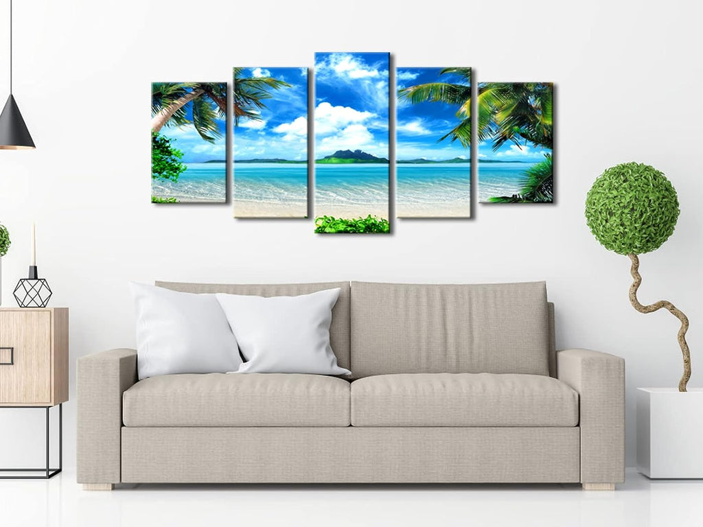 Modern 5 Panels Blue Sea Beach Pictures Paintings on Canvas Wall Art Stretched Contemporary Landscape Ocean Canvas