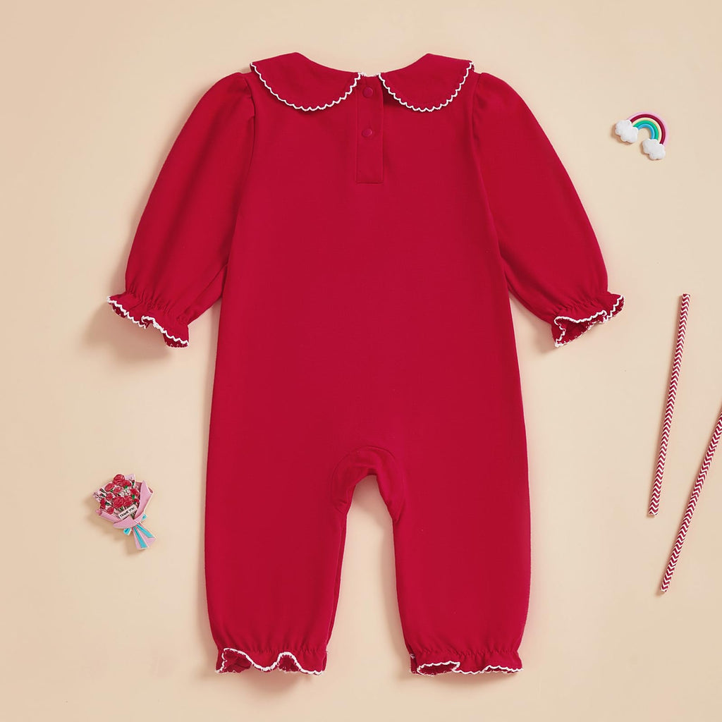Baby Coming Home Outfit Boy Girl Plain Long Sleeve Romper Jumpsuit (Scalloped Collar-Red, )
