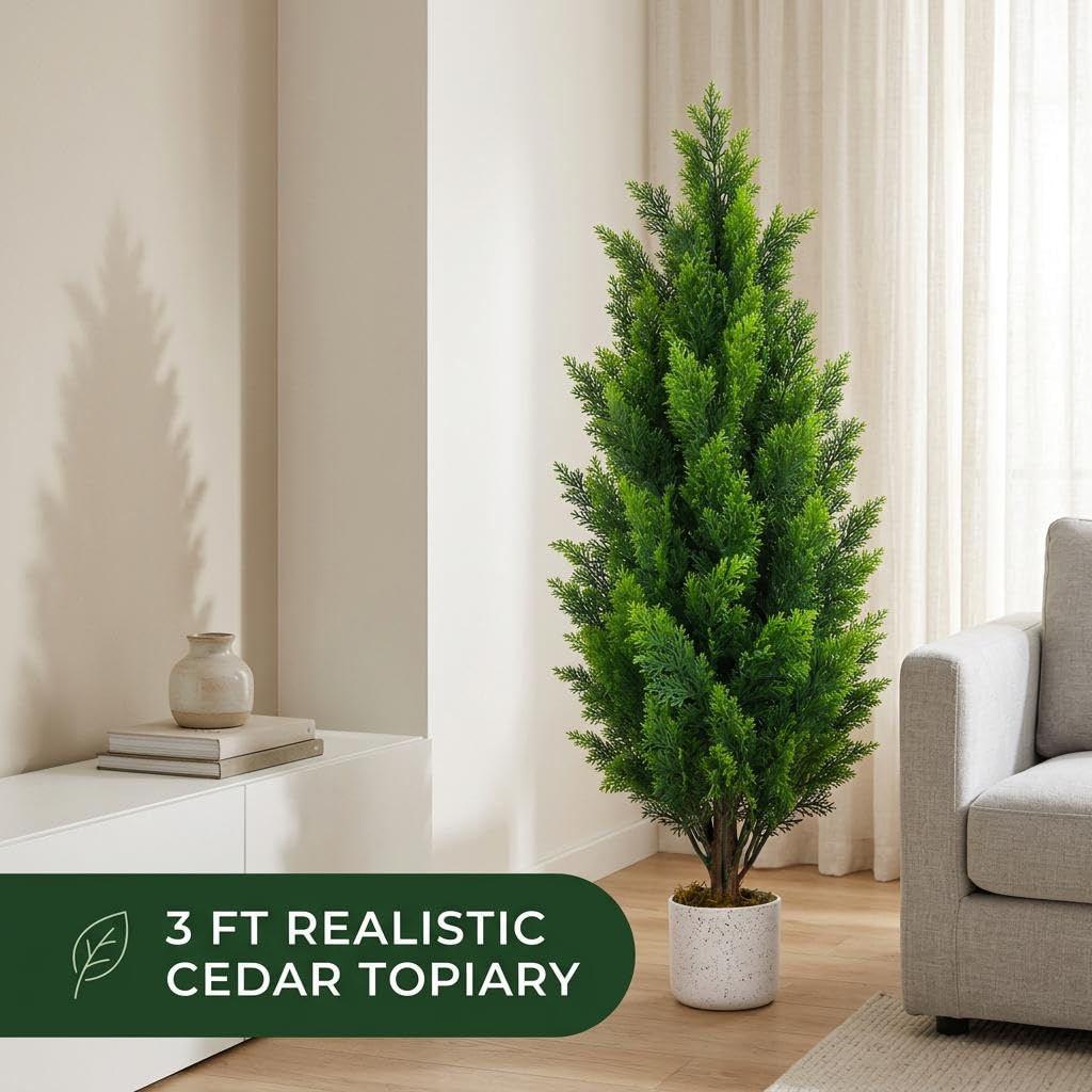 3FT Artificial Cedar Topiary Trees Set of 2, with Planter