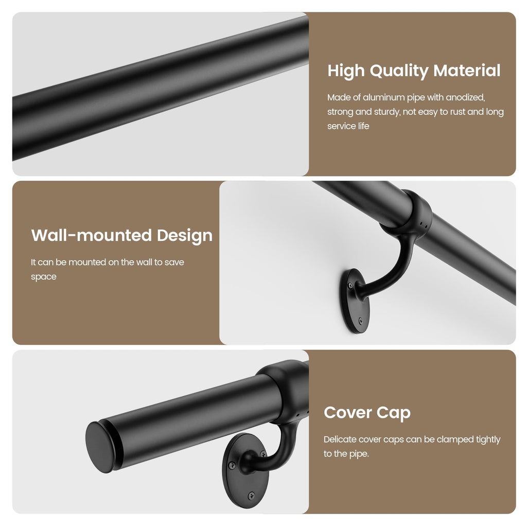 Stair Railing Indoor 10 Feet Hand Rails for Indoor/Outdoor Steps 1.5" Round Porch Railing Wall Mount Aluminum Hand