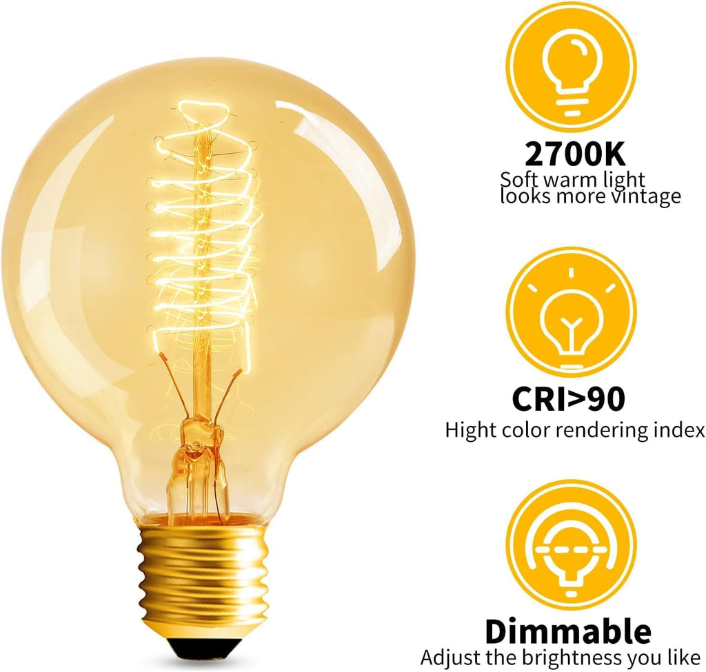 G80 Globe Edison Light Bulb, Vintage 4-Pack Edison Light Bulb, 60W 2700K 110V Spiral Filament Light Bulbs, E26 Base