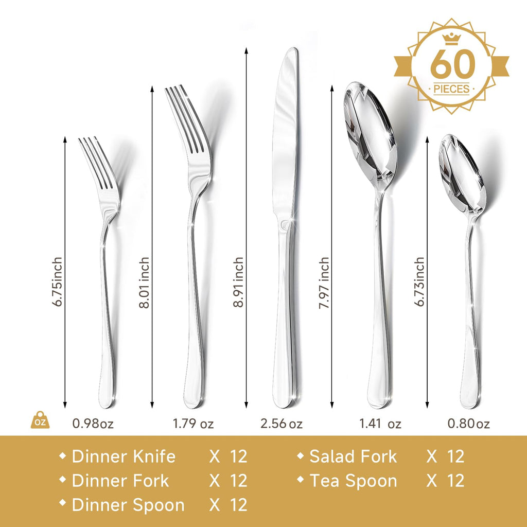 60PCS Silverware Set Service for 12, Premium Stainless Steel Flatware Set Mirror Polished, Modern Kitchen Cutlery Set