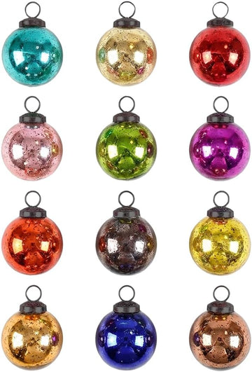Multicolor Mercury Glass Ornament Set - Vintage Christmas Ornaments, Holiday Decorations, 2" Diameter Christmas - Set of 12
