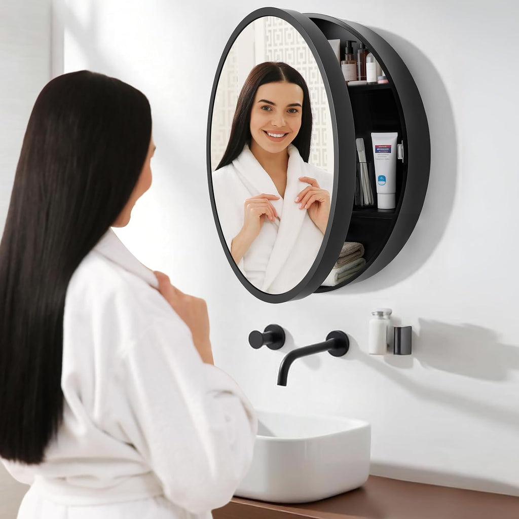 21x18 Inch Oval Medicine Cabinet with Mirror Wall Mounted | Mirror with Concealed Shelves, Premium Wooden Frame &