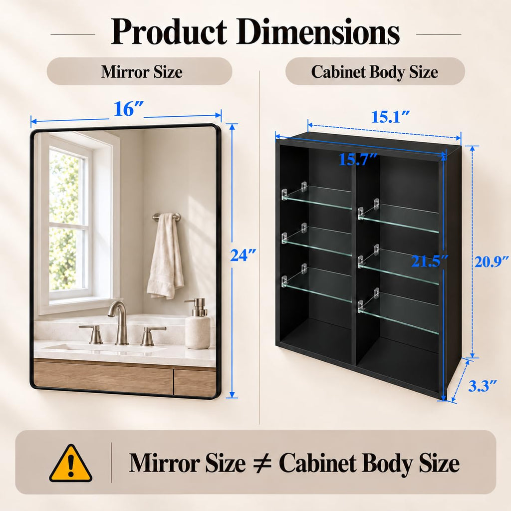 16x24 Medicine Cabinet with Mirror, Recessed/Surface Mount