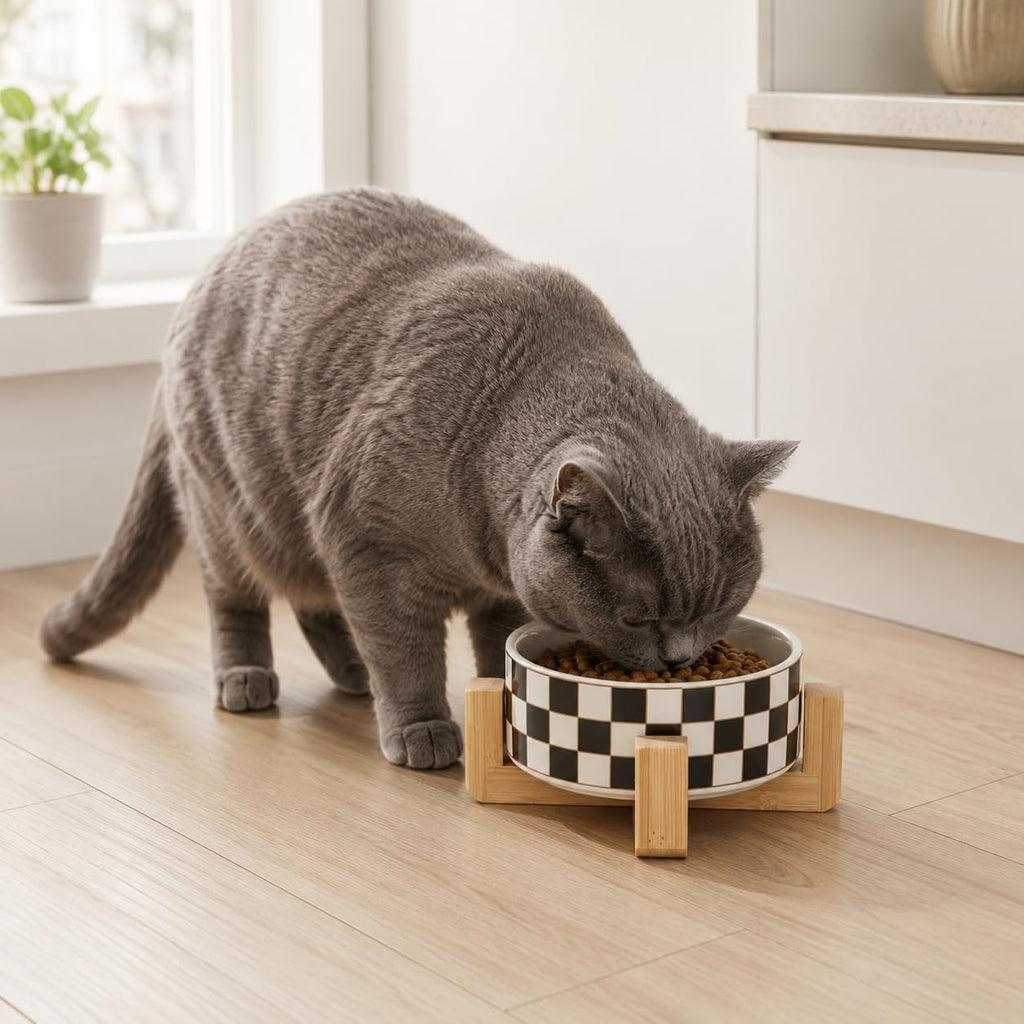 Checkered Ceramic Dog Bowl with Wood Stand, Black and White Dog Food and Water Bowl Set, Elevated Puppy Food Bowls