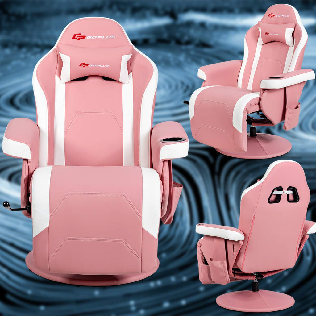 Pink Massage Gaming Chair, Racing Style Gaming Recliner w/Adjustable Backrest and Footrest, Ergonomic High Back PU