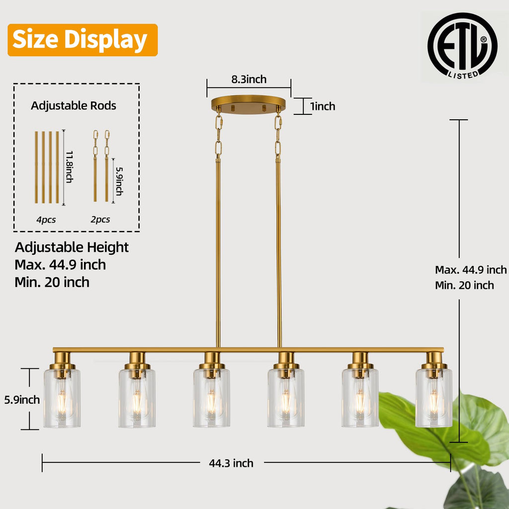 Kitchen Island Lighting, 6-Light Modern Dining Room Light Fixture Over Table,44.3'' Vintage Farmhouse Gold Linear