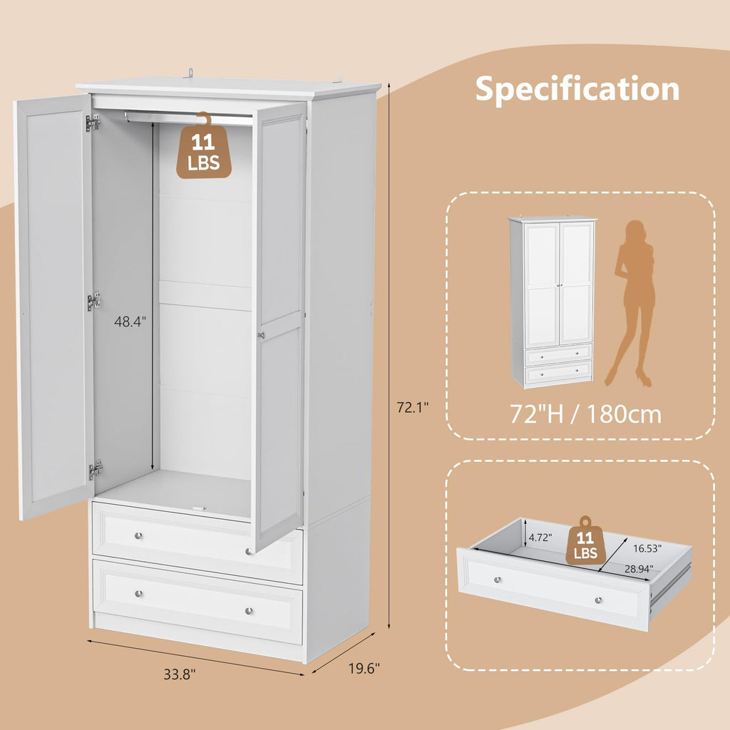 72" Wooden Armoire Wardrobe Closet with 2 Doors and 2 Drawers, White
