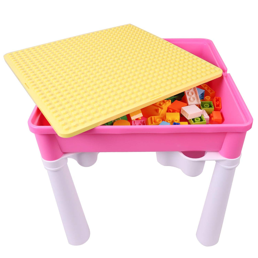 Toddler Building Table Set: 1 Chair 128 Blocks 4 Storage Bin Pink