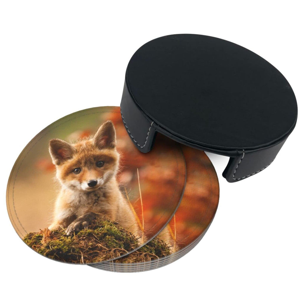 6 Pcs Fox Leather Coasters for Drinks with Holder Coaster Sets Drink Table Cup Coasters Kitchen Coffee Decor