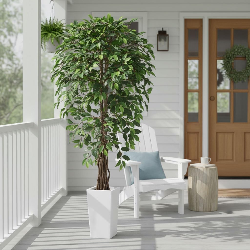 6ft Artificial Ficus Tree Decor with White Pot, 6 Feet Faux Plant Fake Silk Trees Outdoor House Living Room Office