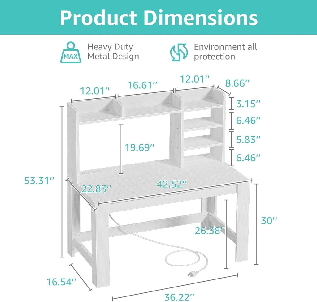 43" White Student Desk with Hutch and Built-in Power Outlet