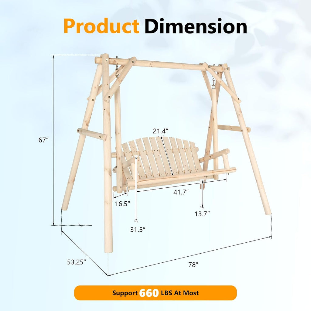 880 LBS Wooden Porch Swing with A-Frame Stand, Natural Outdoor Swing | Heavy-Duty Wooden Swing; Sturdy A-Frame Stand;